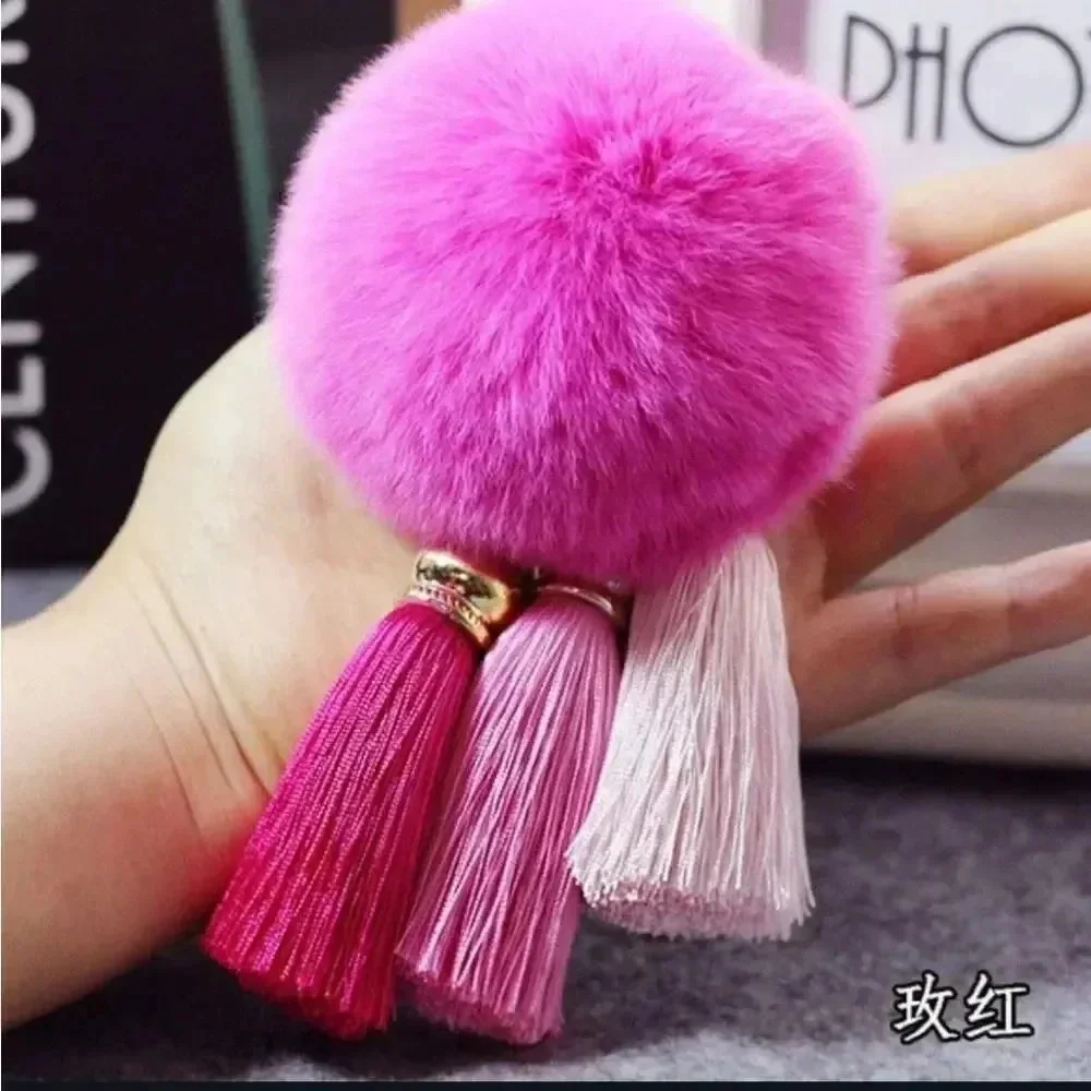 Multiple Colors Available - Fuzzy Fur Pom Pom Keychain Key with Tassels